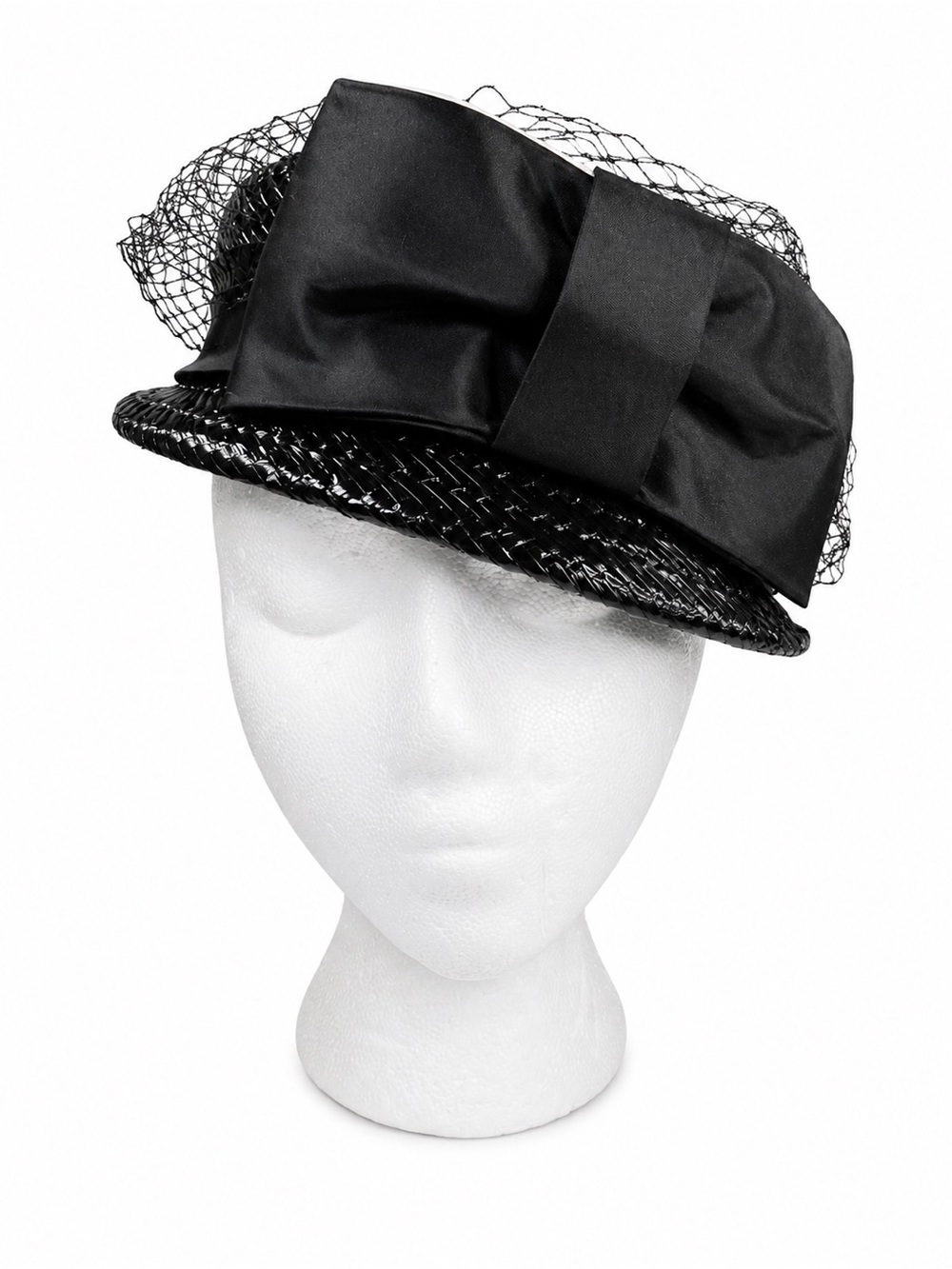 VTG 1960s Hats by Dayle Black Woven Straw Pillbox Hat Bow Veil